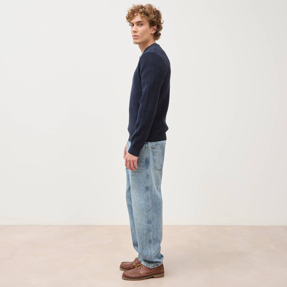 Pull col v manches longues bleu marine homme