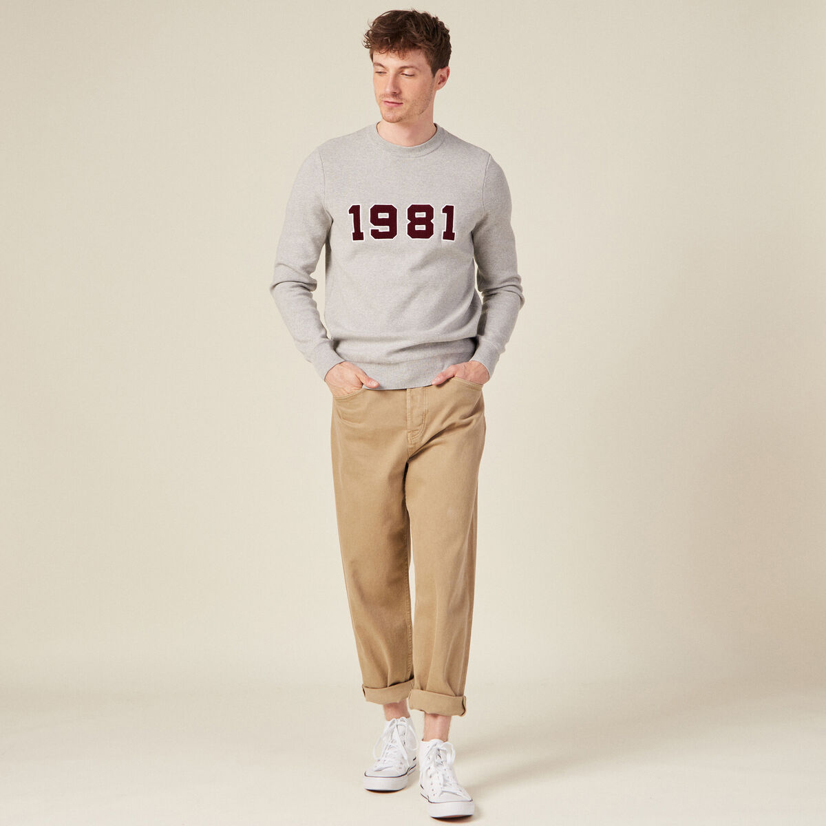 Pull manches longues col rond gris fonc&eacute; homme