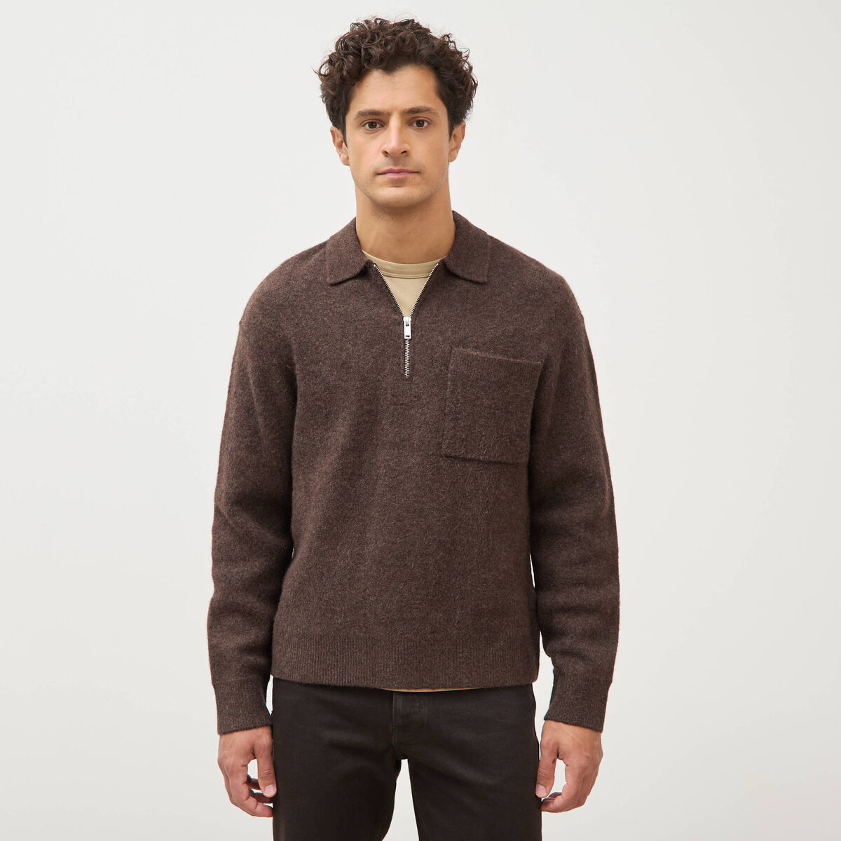 Pull droit manches longues marron fonc&eacute; homme