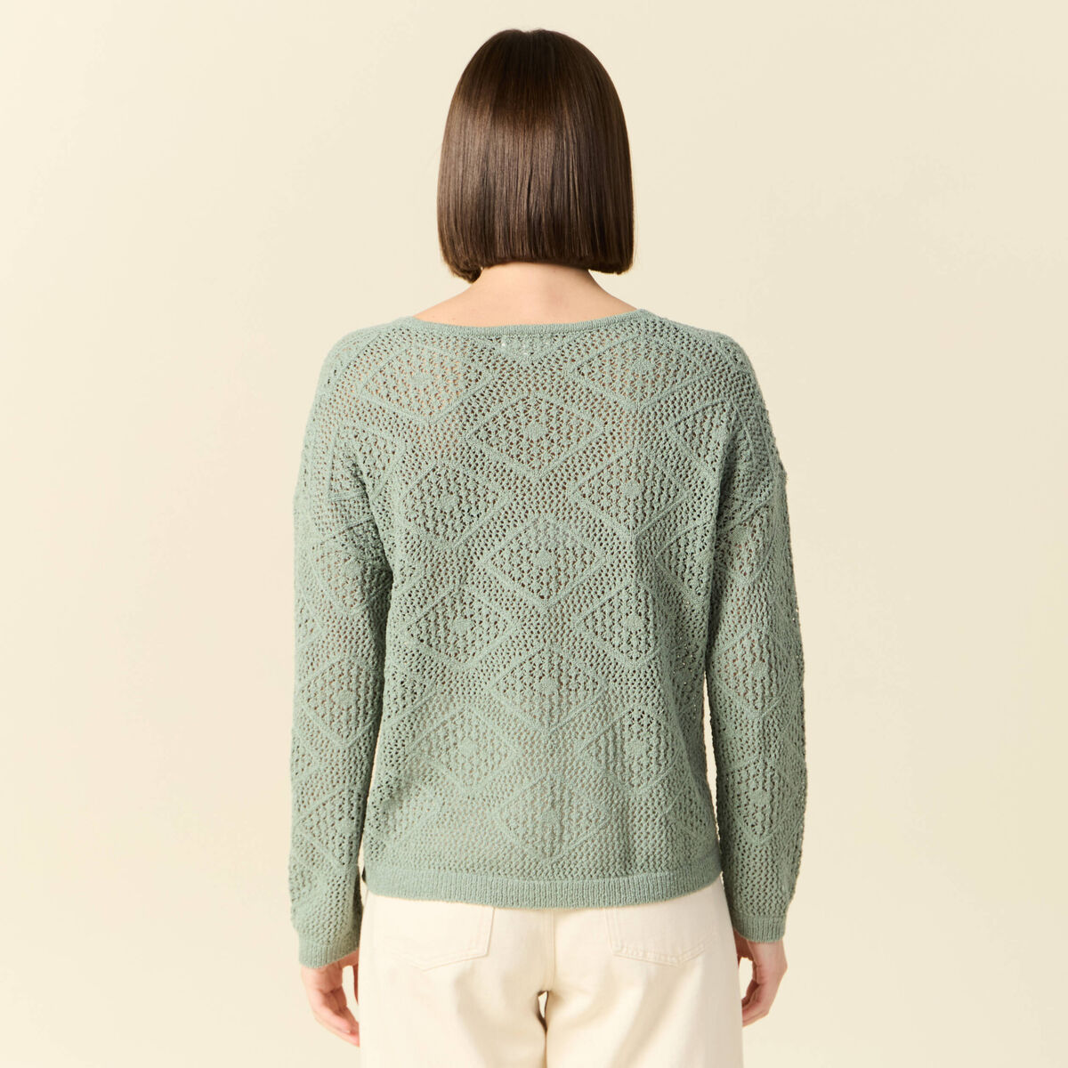 Pull manches longues ajouré vert kaki femme