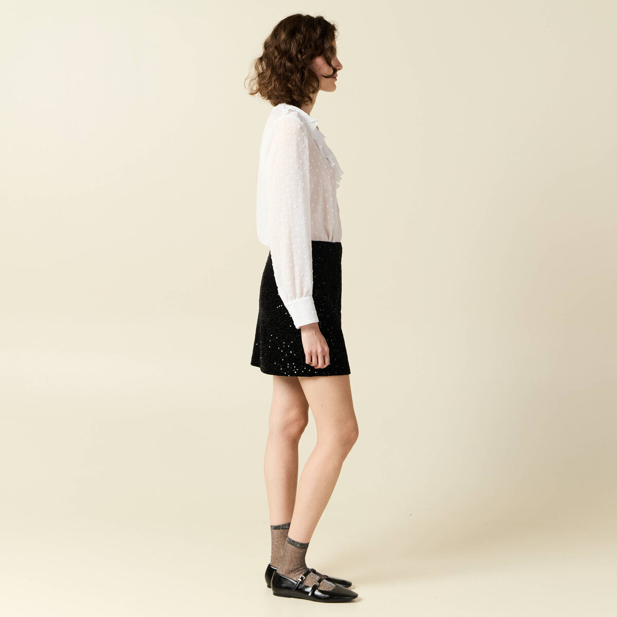 Jupe droite velours sequins noir femme