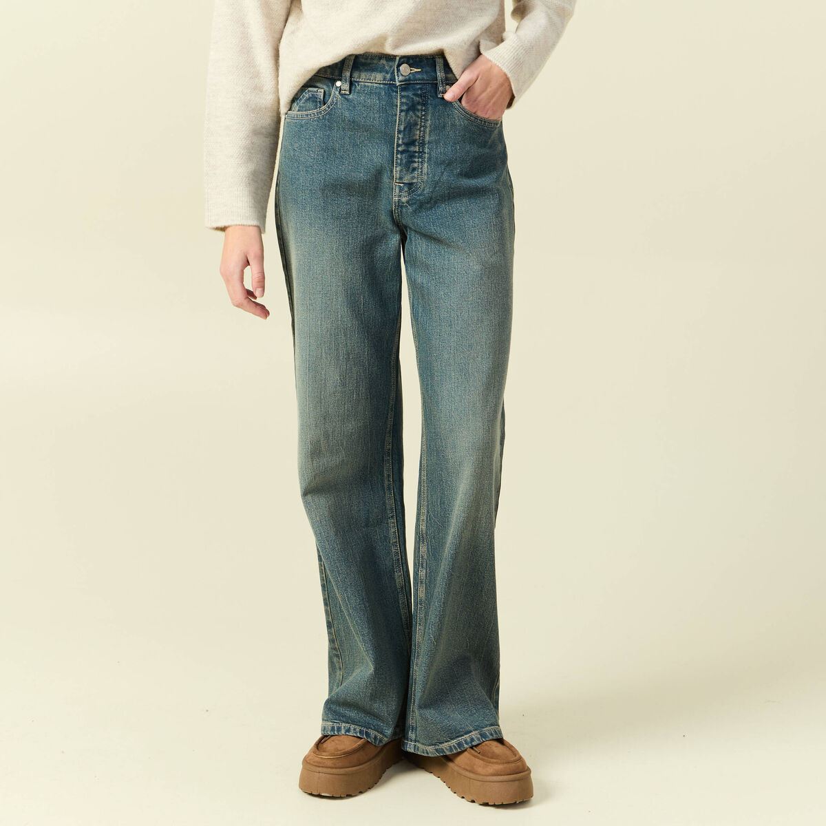 Jeans large taille haute bleu gris femme
