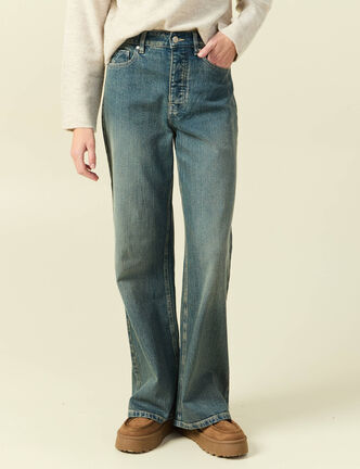 Jeans large taille haute bleu gris femme