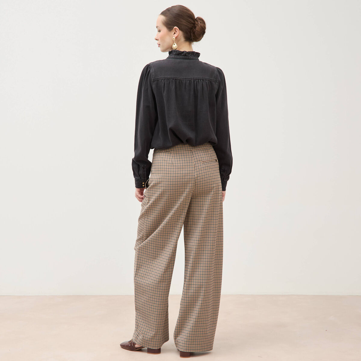 Pantalon barrel bas resserr&eacute; &agrave; carreaux ficelle femme