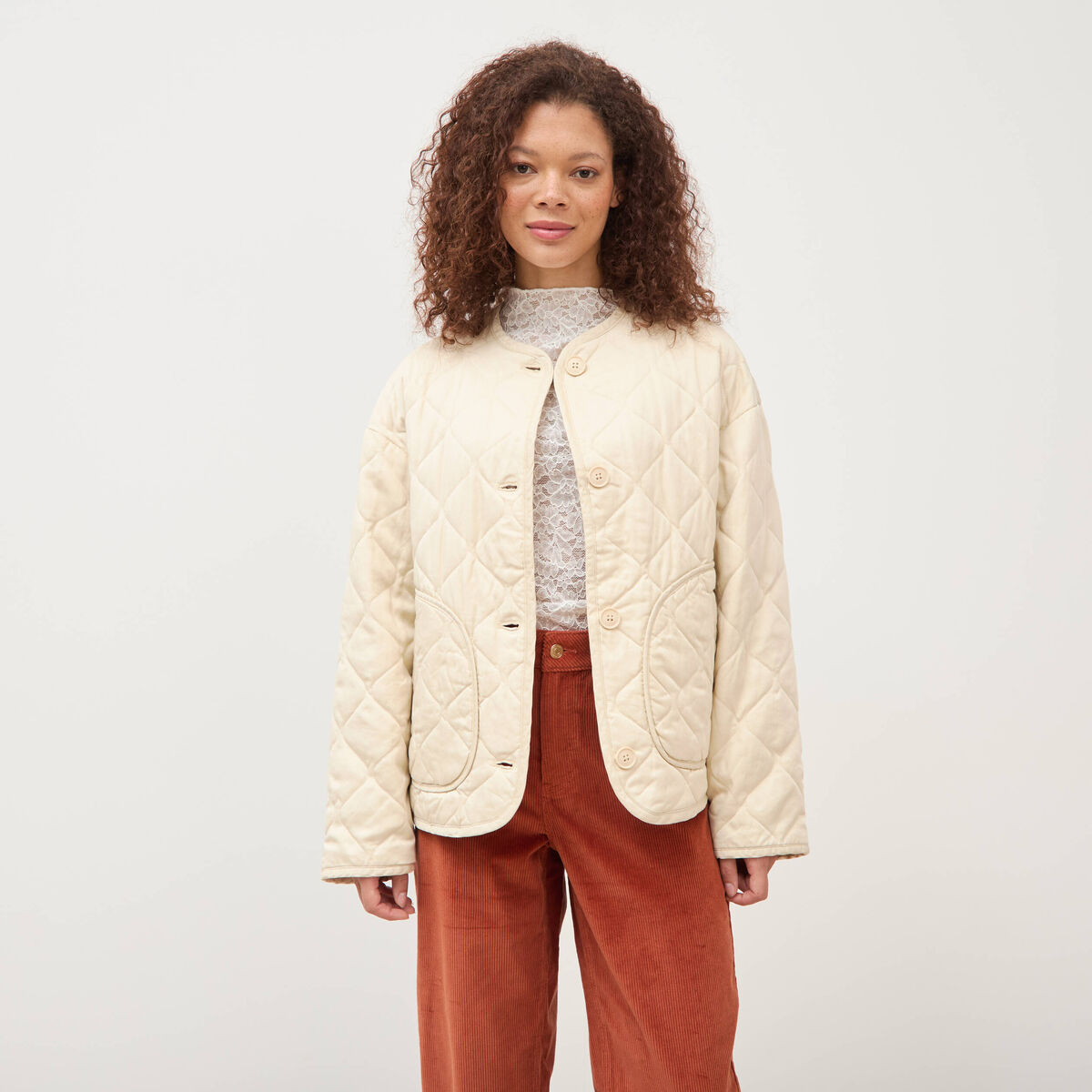 Veste oversize manches longues doubl&eacute;e creme femme