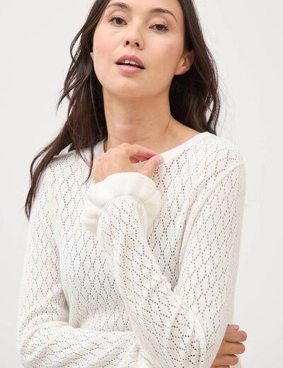 Pull ajour&eacute; col rond manches longues ecru femme