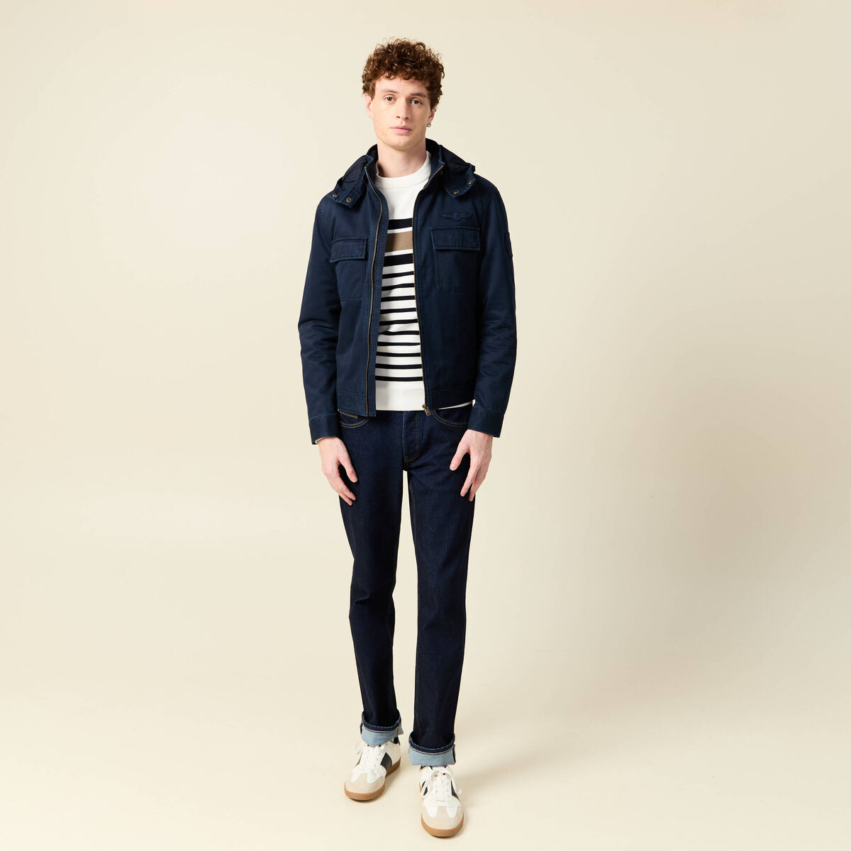 Blouson col montant &agrave; capuche bleu marine homme