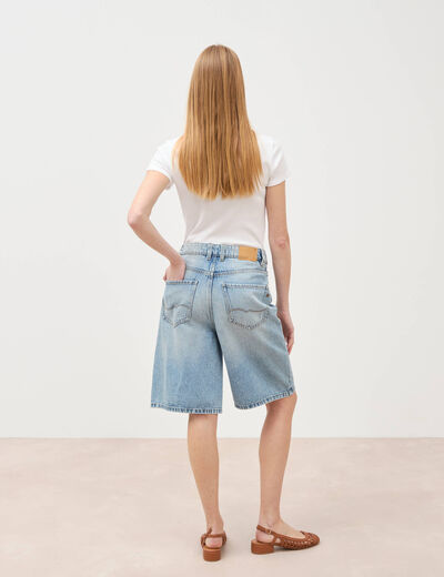 Bermuda large taille haute en coton denim used femme