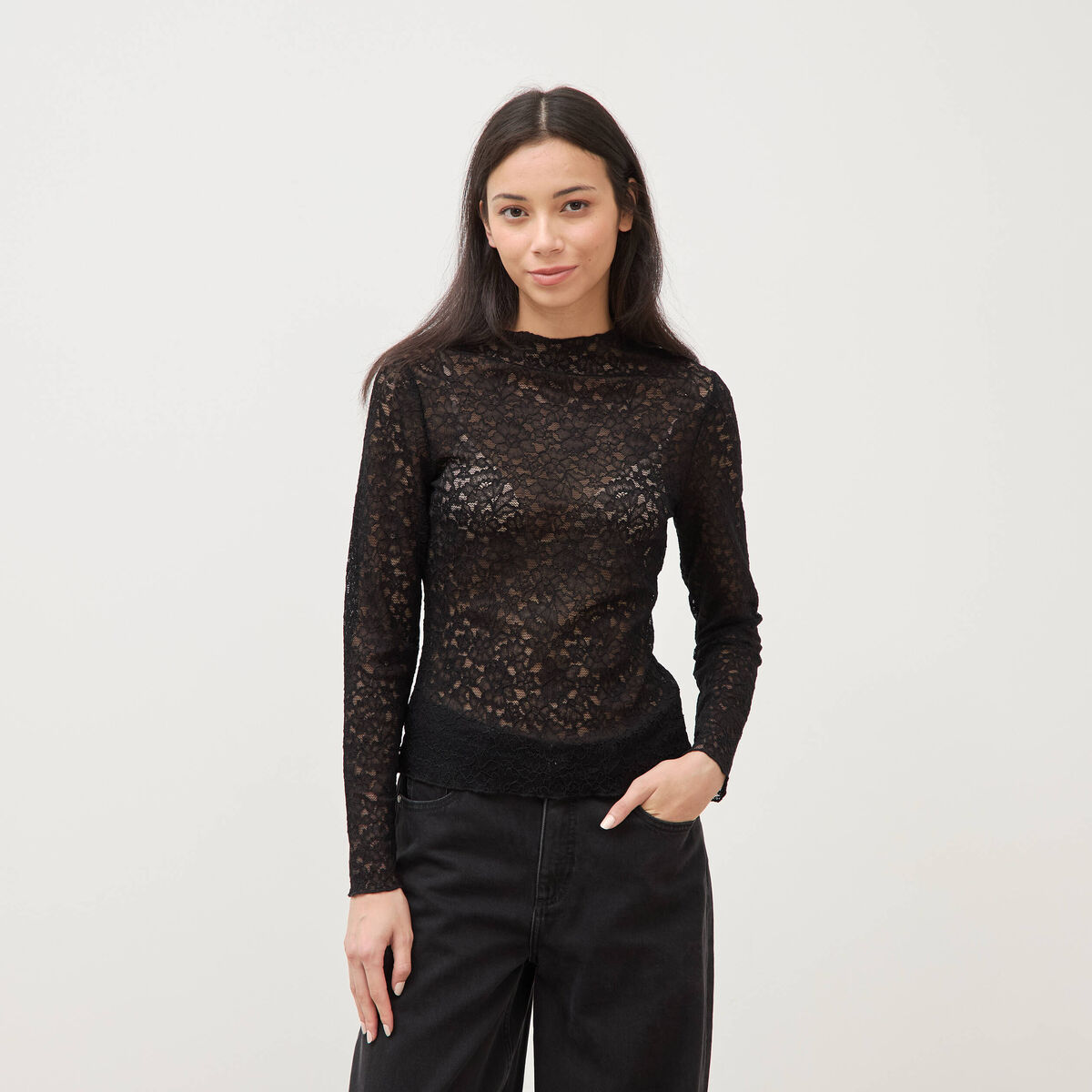 T-shirt ajust&eacute; dentelle manches longues noir femme