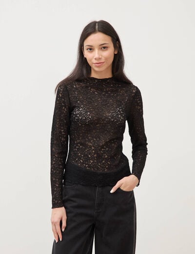 T-shirt ajust&eacute; dentelle manches longues noir femme