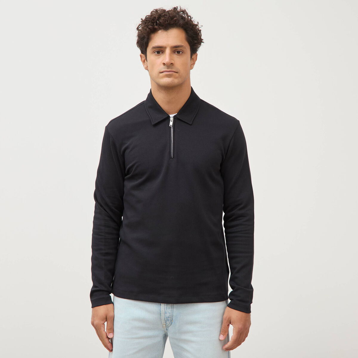 Polo droit manches longues noir homme