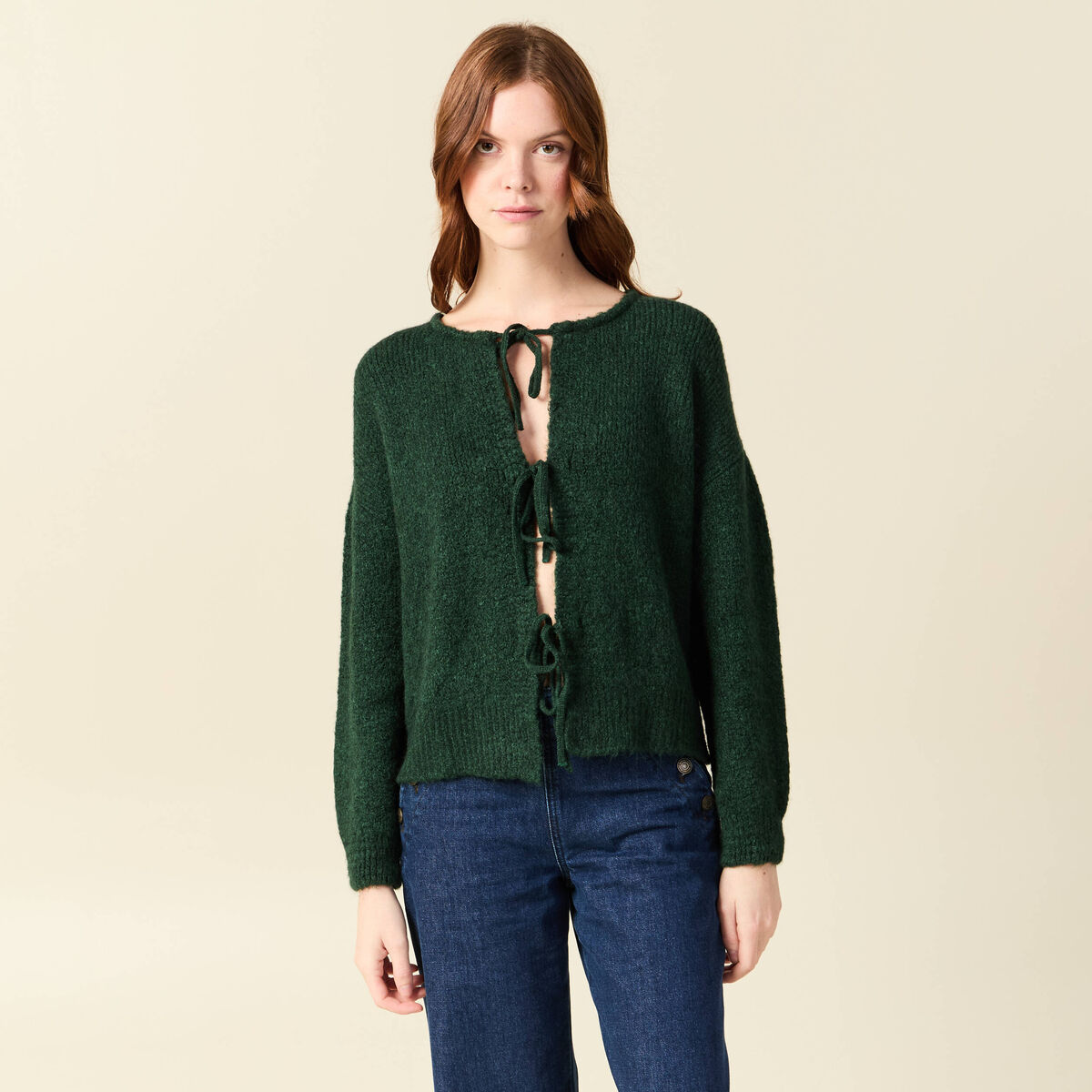 Gilet oversize manches longues vert fonc&eacute; femme