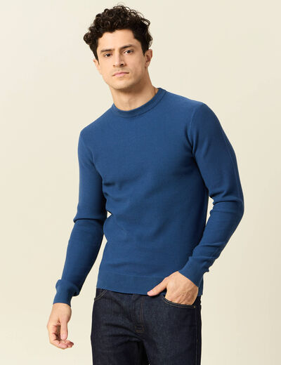 Pull fin col rond manches longues bleu fonc&eacute; homme