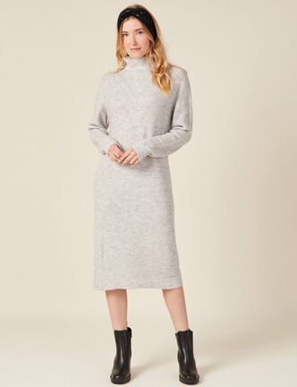Robe pull longue col roulé gris femme