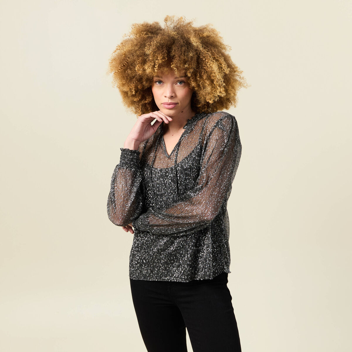 T-shirt manches longues brillant noir femme