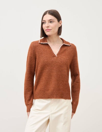 Pull droit col polo manches longues marron cognac femme
