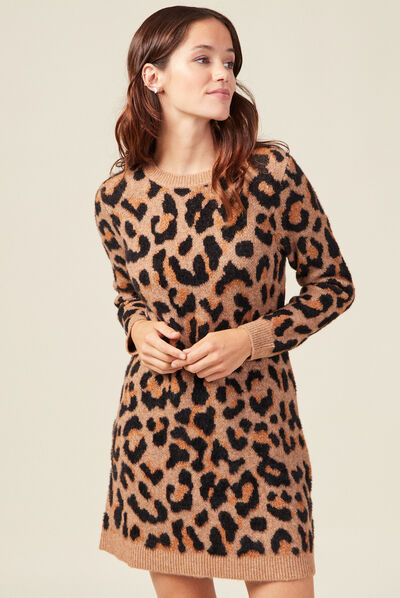 Robe pull droite col rond marron clair femme
