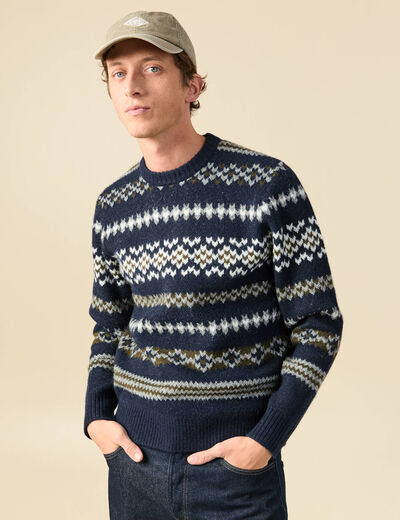 Pull manches longues col rond bleu marine homme