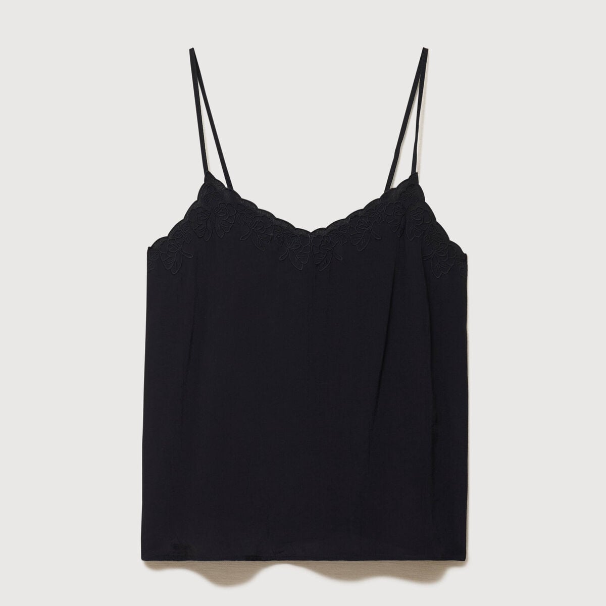 Caraco col v bretelles brod&eacute; noir femme