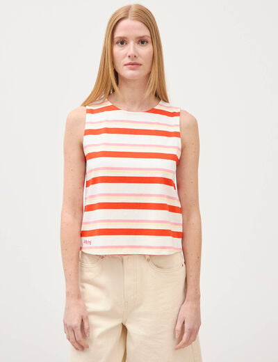 D&eacute;bardeur ray&eacute; col rond en coton rouge femme
