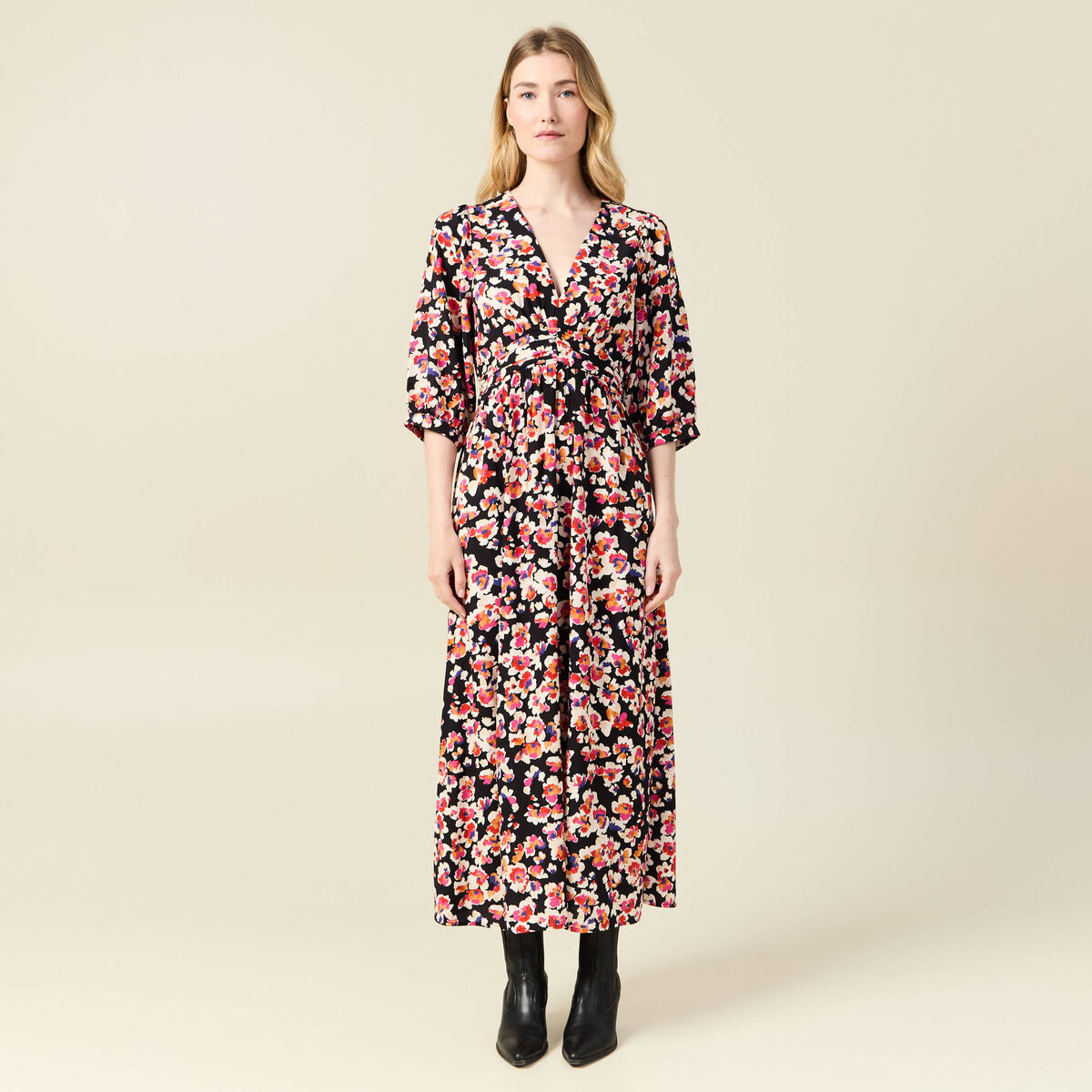 Robe longue évasée fluide noir femme