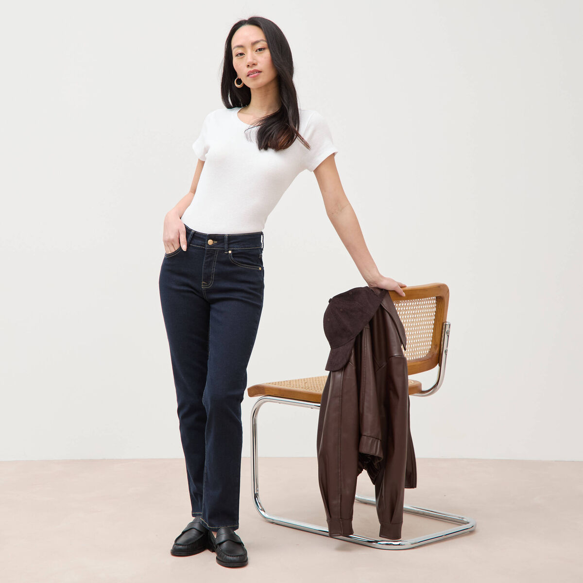 Jeans regular 7/8&egrave;me taille standard denim brut rinse femme