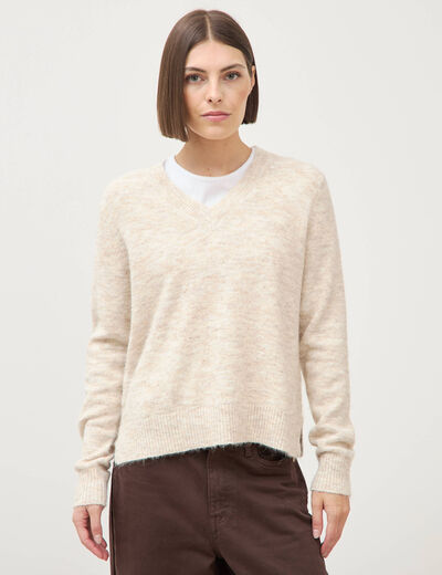 Pull droit col v manches longues creme femme