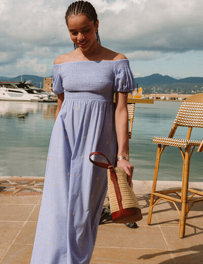 Robe col carr&eacute; manches courtes coton blanc femme