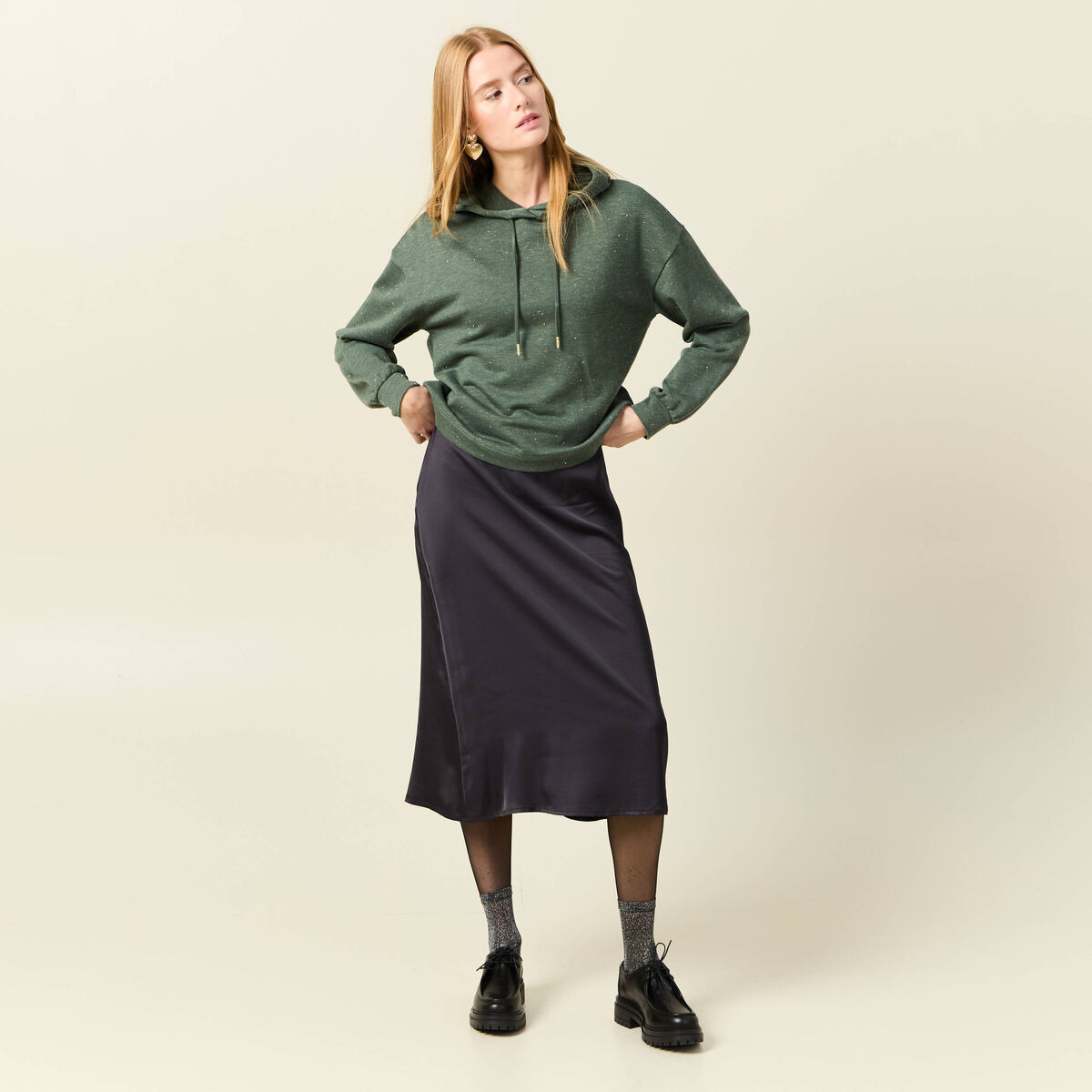 Sweat à capuche brillant vert kaki femme