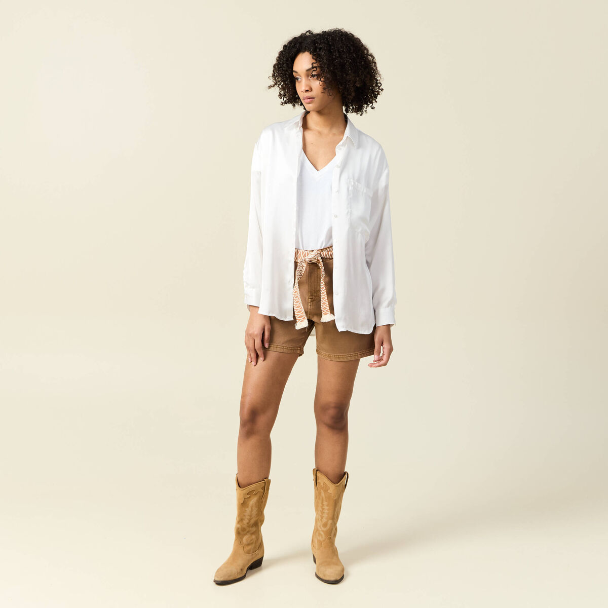 Short boyfriend ceinturé jean vert kaki femme