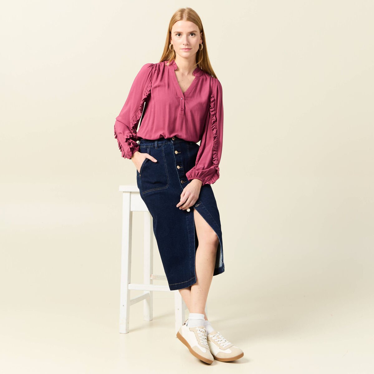 Blouse manches longues volants vieux rose femme