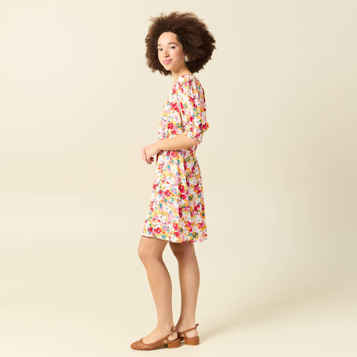 Robe fluide col v manches courtes rose framboise femme