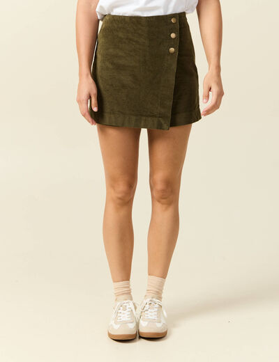 Jupe-short taille haute en velours vert kaki femme