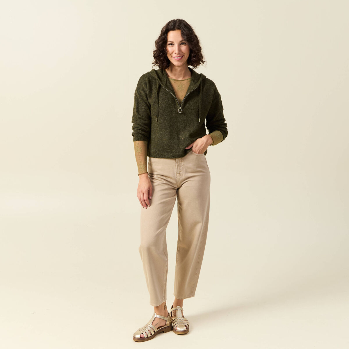 T-shirt ajust&eacute; manches longues col rond vert kaki femme