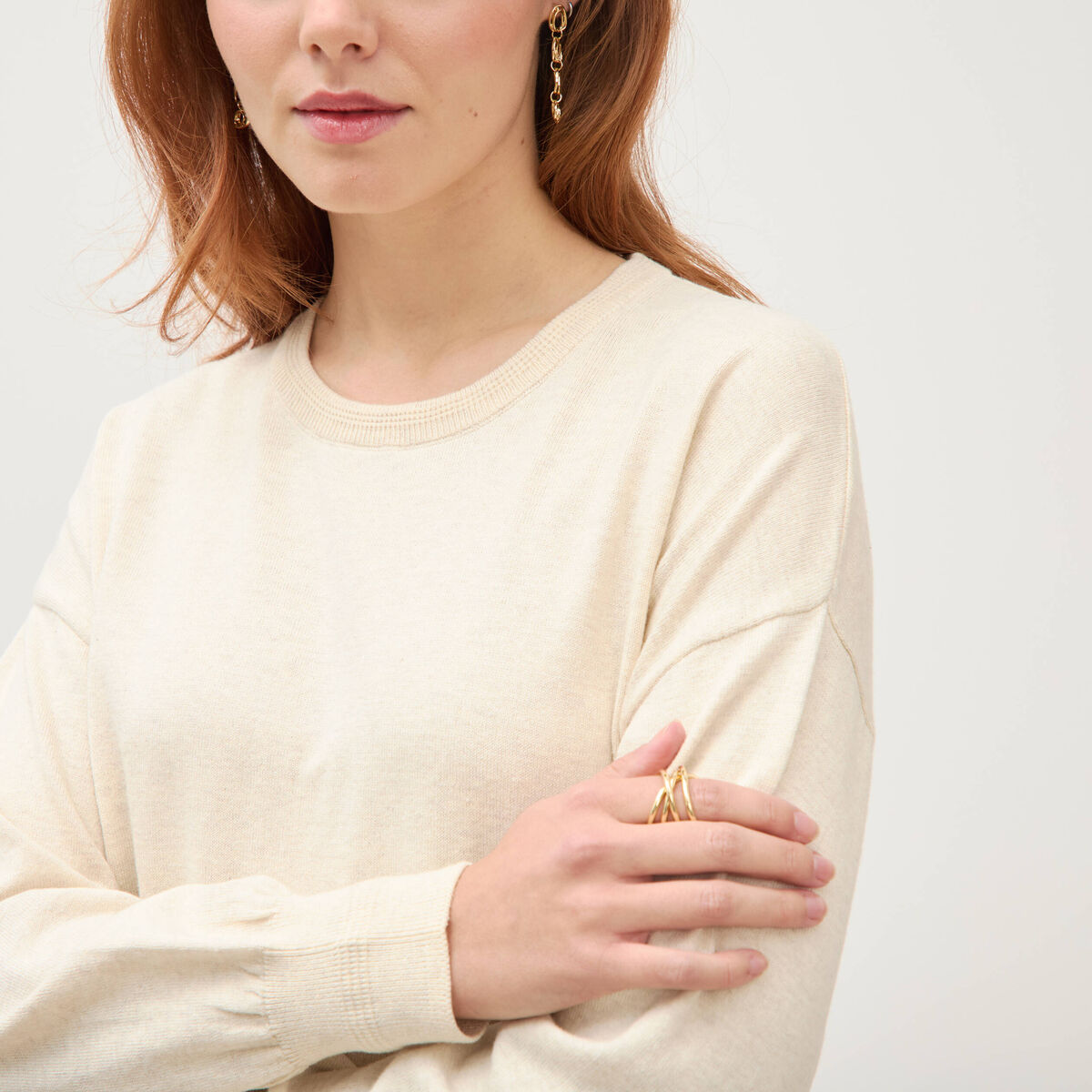 Pull droit col rond manches longues creme femme