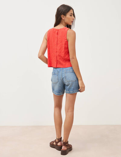 Blouse vichy droite cropped sans manches orange fonc&eacute; femme