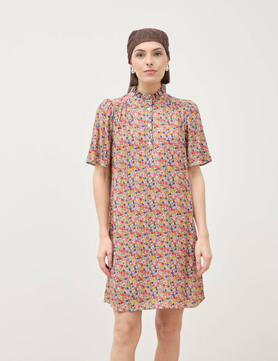 Robe manches courtes col montant multicolore femme