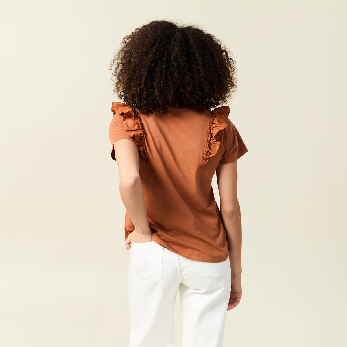 T-shirt en coton manches courtes marron cognac femme