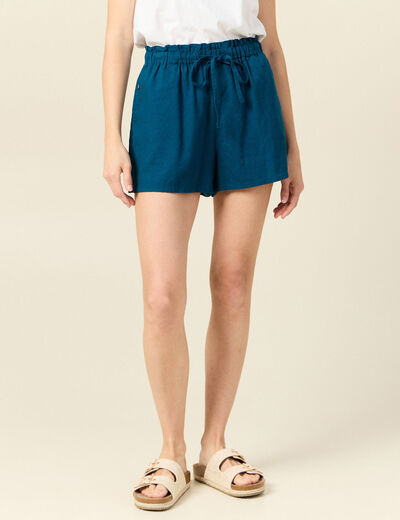 Short droit taille élastiquée bleu pétrole femme