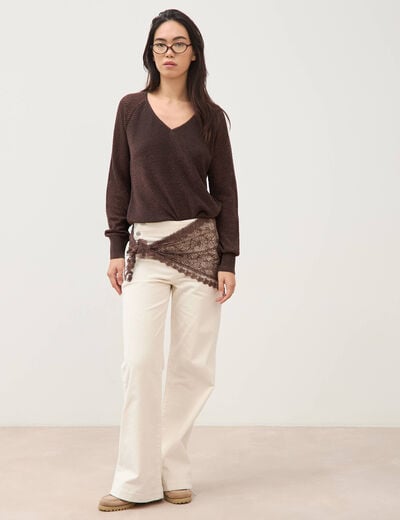 Pull droit col v manches longues marron femme