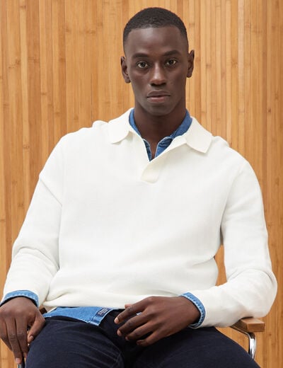Pull droit col polo manches longues ecru homme