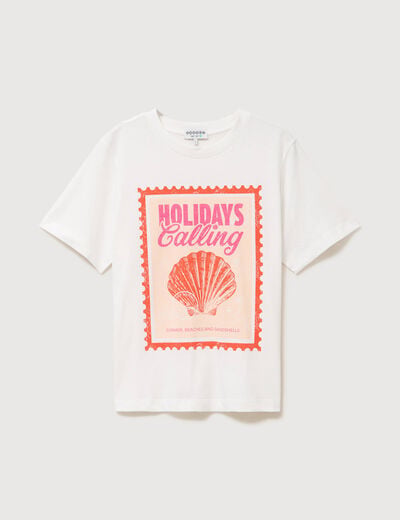 T-shirt droit en coton manches courtes ecru femme