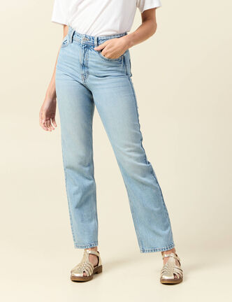 Jeans straight taille haute 7/8&egrave;me denim baby bleu femme