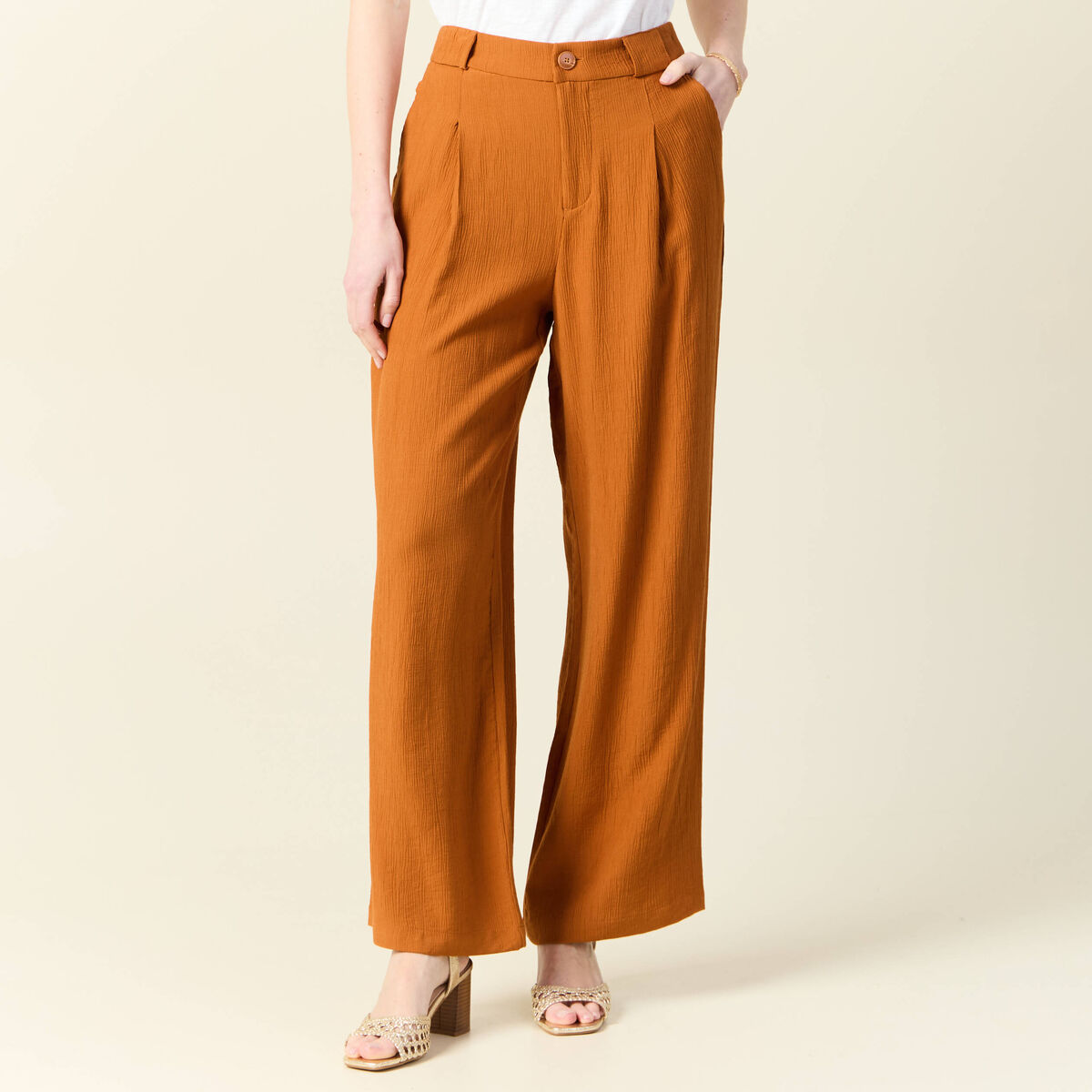 Pantalon large fluide marron femme