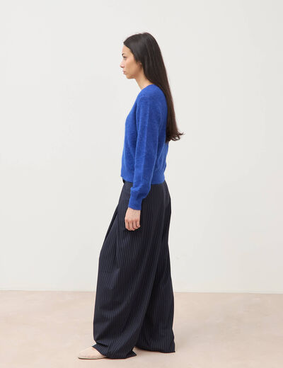Pull droit col v manches longues bleu electrique femme