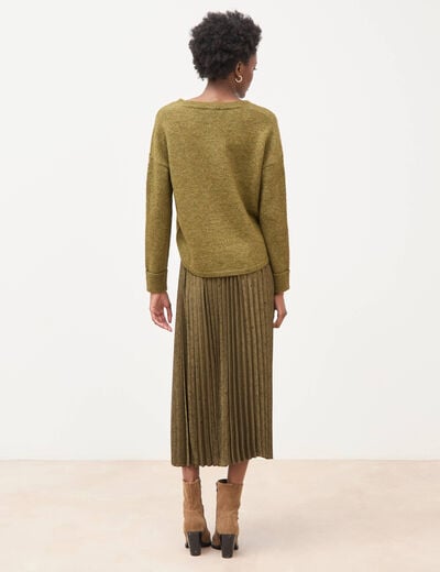Pull droit col v manches longues vert kaki femme