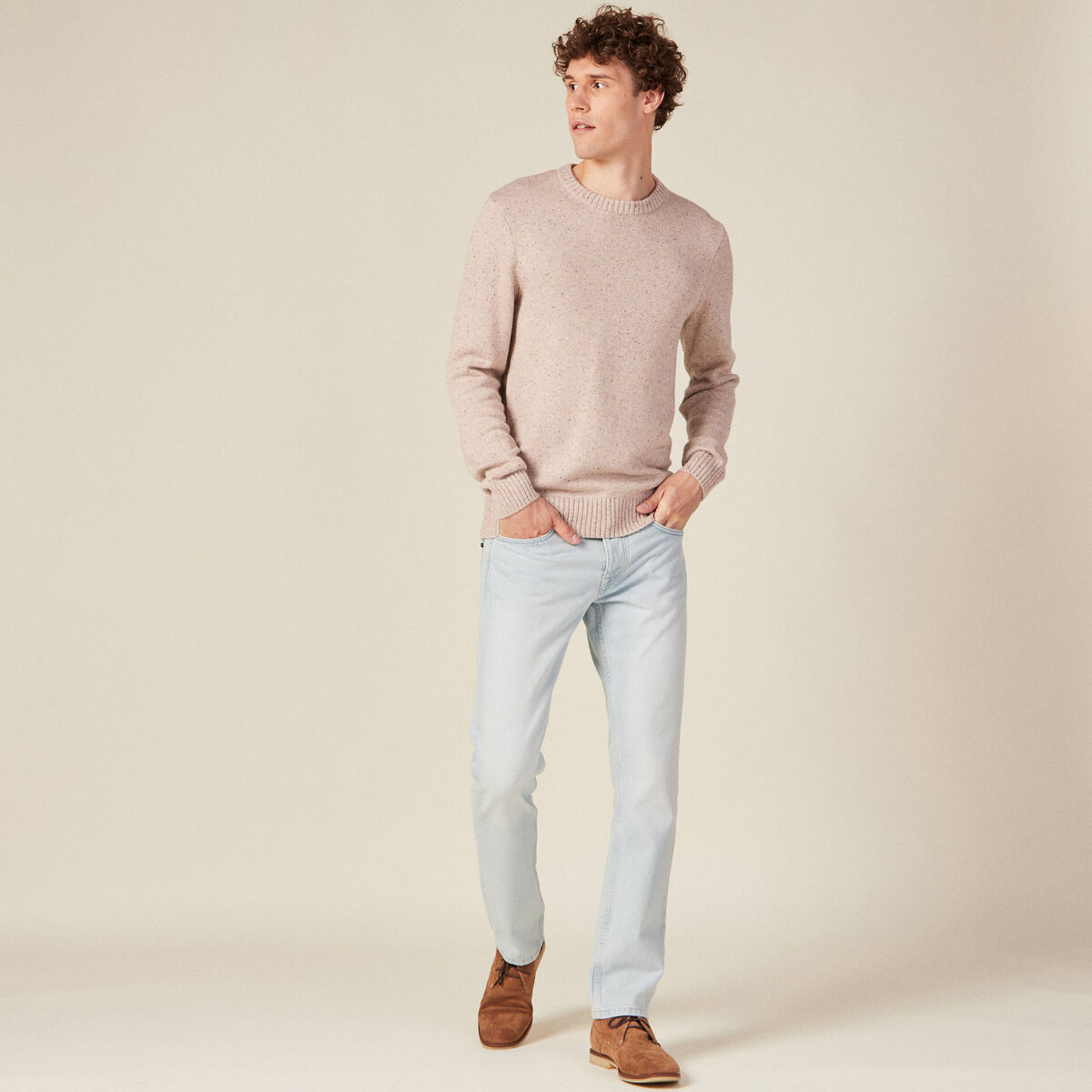 Pull manches longues col rond beige homme