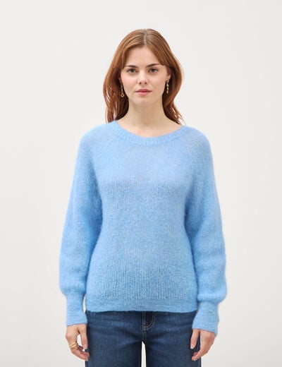 Pull manches longues col rond bleu clair femme