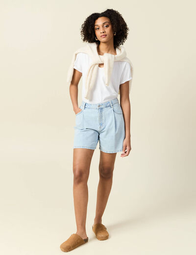 Short droit en jean à pinces denim bleach femme