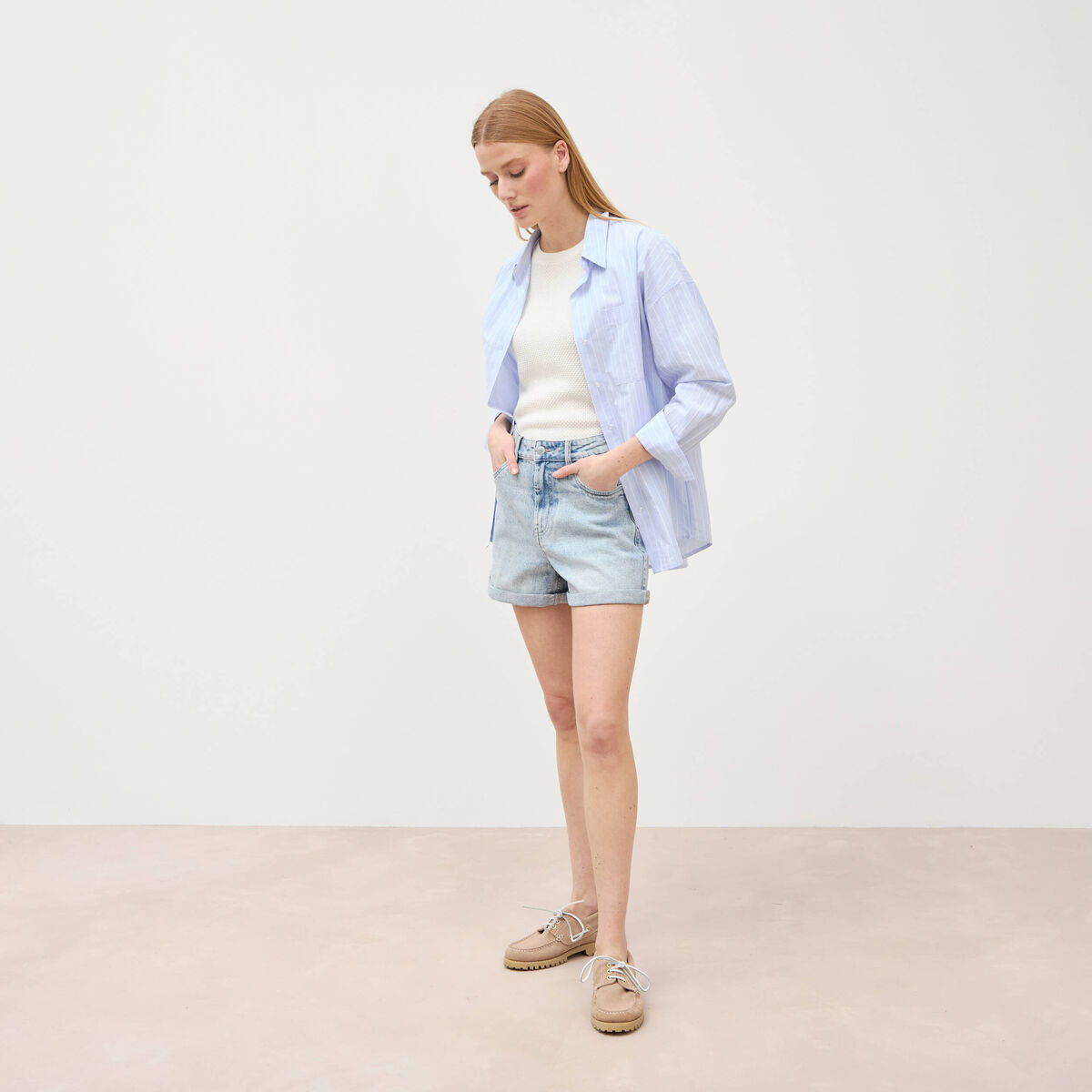 Short mom taille haute en jean denim snow bleu femme